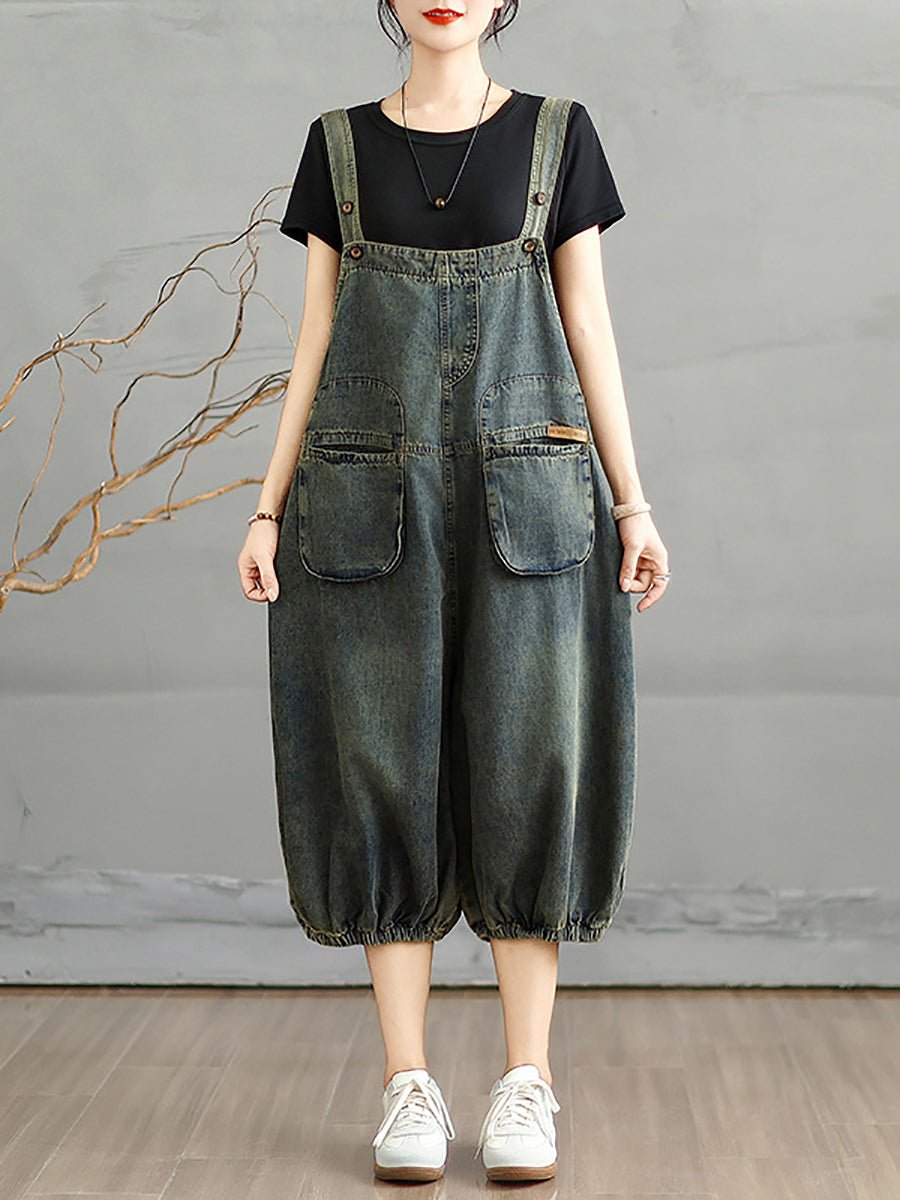 Summer Worn Women Cropped Color Denim Jumpsuits Pure