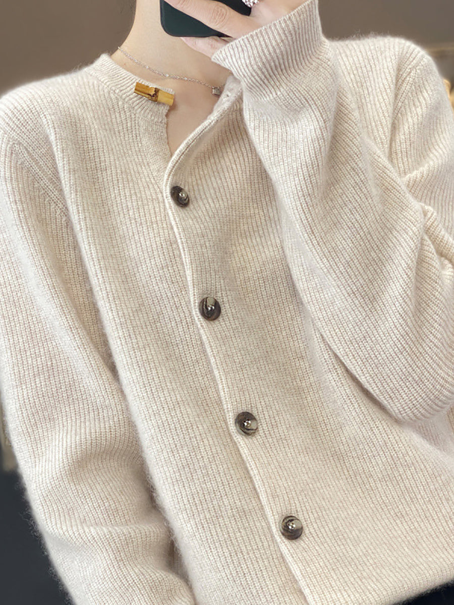 Women Autumn Solid Knit Wool Buttoned O-Neck Sweater WU024