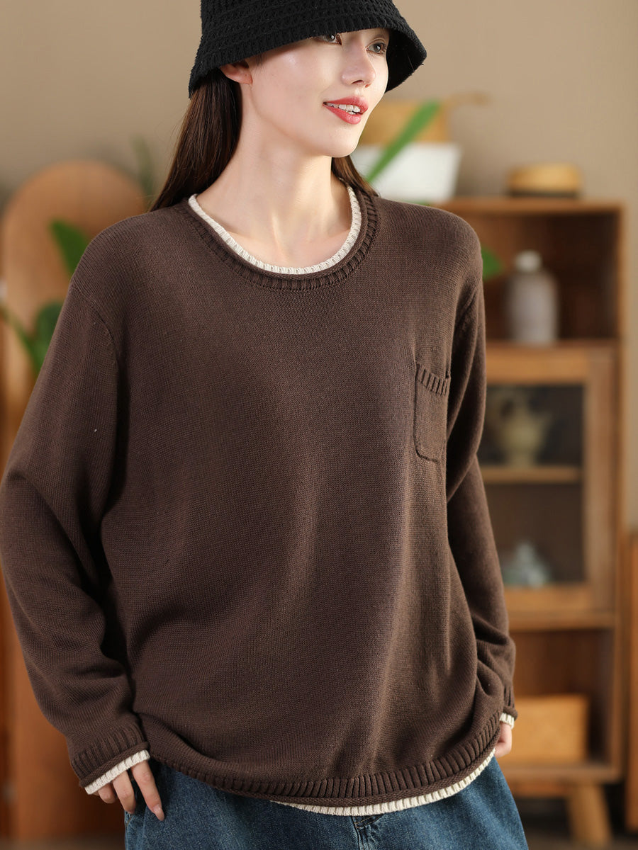 Women Autumn Casual Colorblock O-Neck Cotton Knit Blouse AI1068