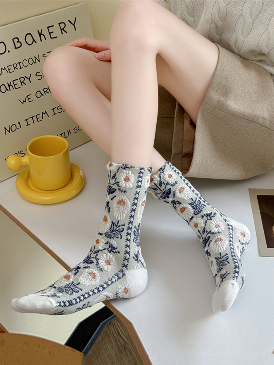 5 Paar Damensocken aus Baumwolle mit Blumenmuster im Jacquard-Stil AI1084