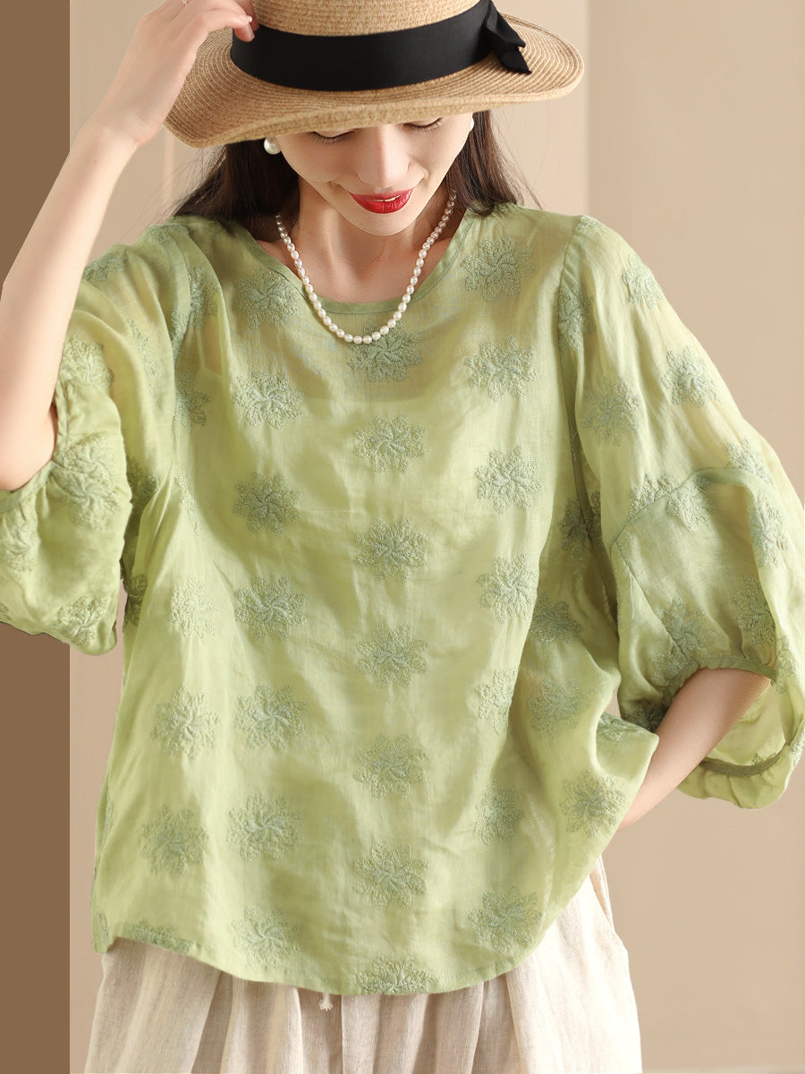 Women Summer Vintage Flower Embroidery Ramie Shirt PP1029