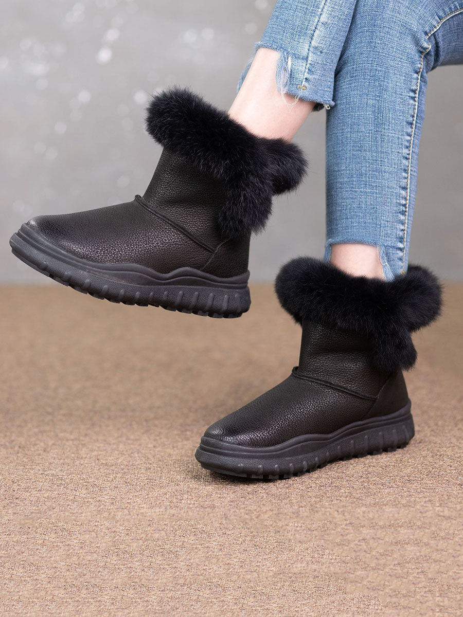 Women Solid Leather Plush Spliced Winter Boots AX1046