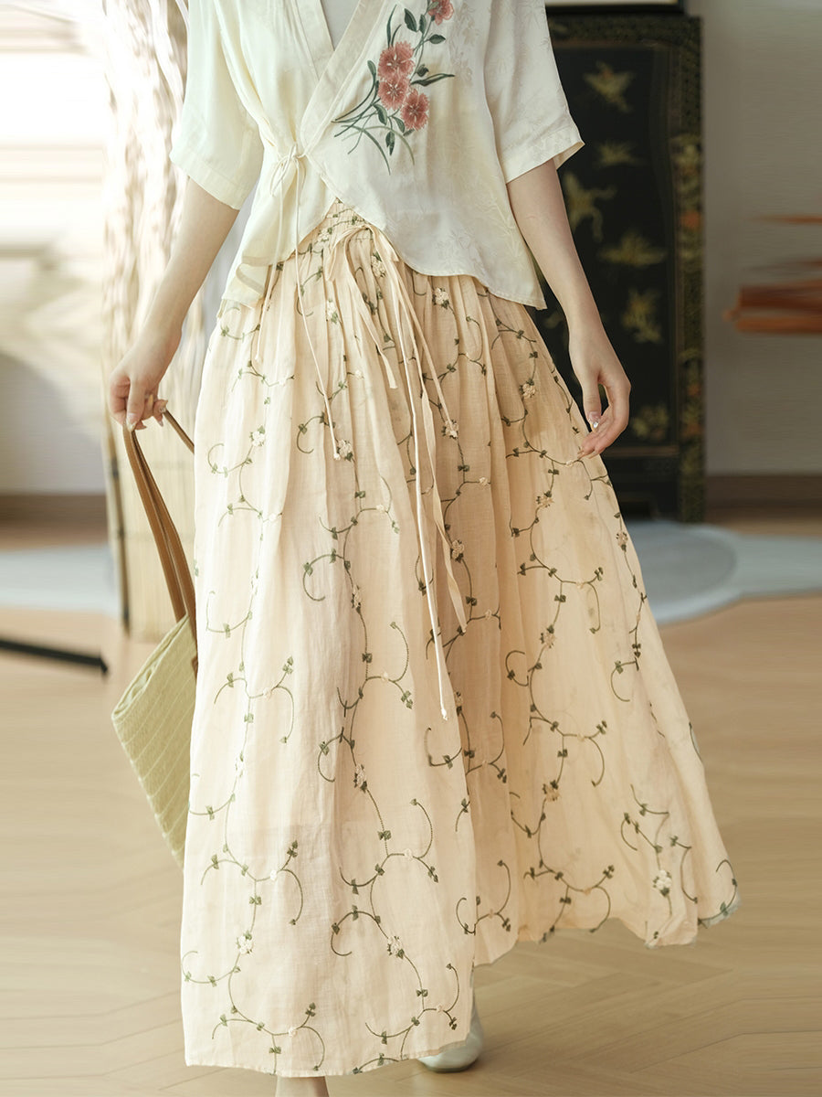 Women Summer Flower Thin Strap Linen Skirt RR1014