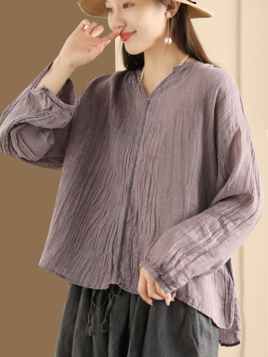 Women Spring Solid Vintage Ramie V-neck Blouse CO1013