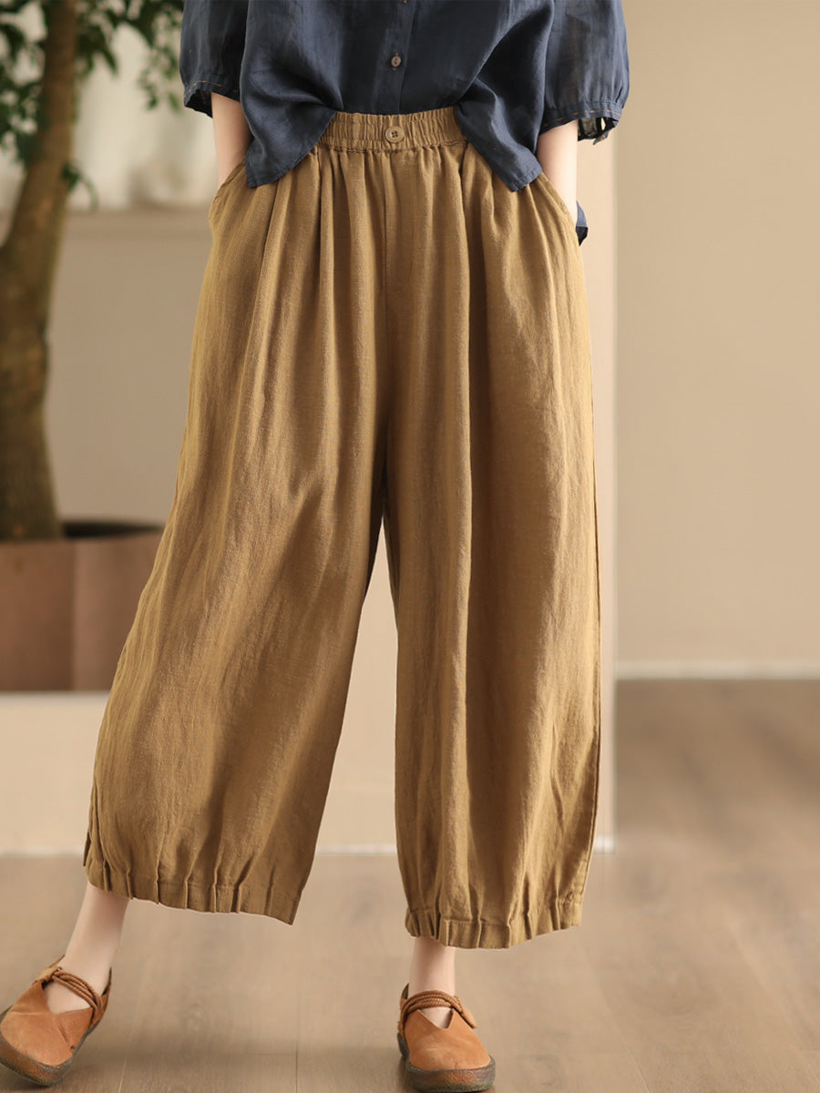 Pantalon large en lin uni vintage d'été pour femme FD038