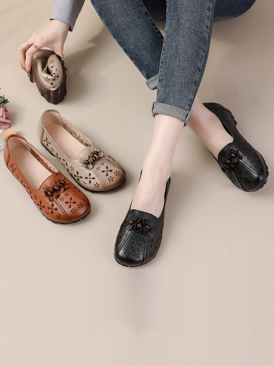 Chaussures d'été en cuir vintage à découpes florales pour femmes FG1026