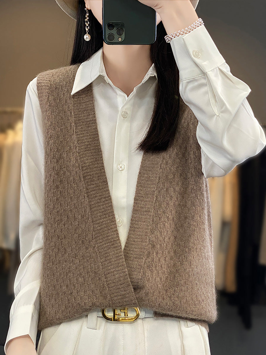 Women Casual Wool Solid V-Neck Irregular Hem Knit Vest AX1079