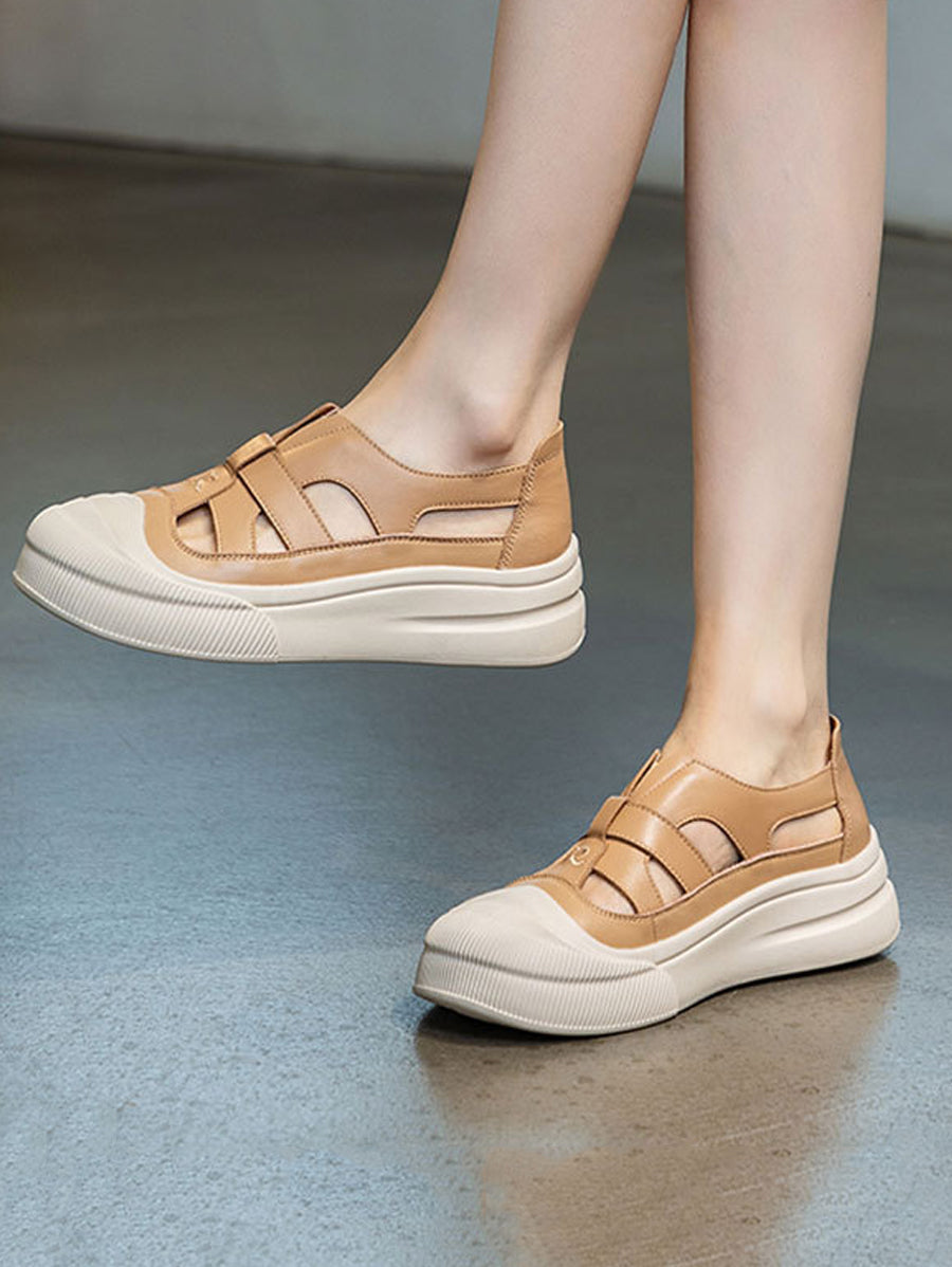 Women Casual Summer Leather Spliced Cutout Shoes UI1020