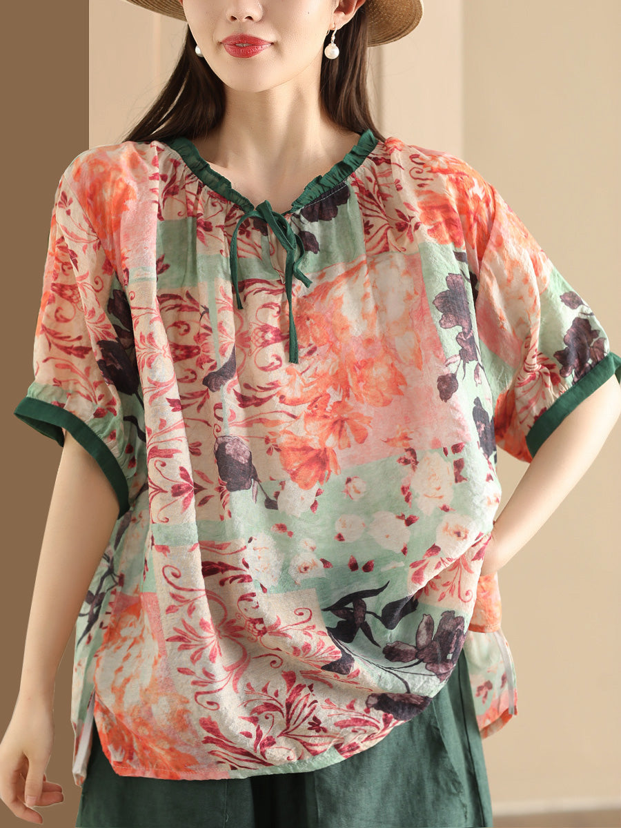 Women Summer Artsy Print Strap Loose Linen Shirt HH046