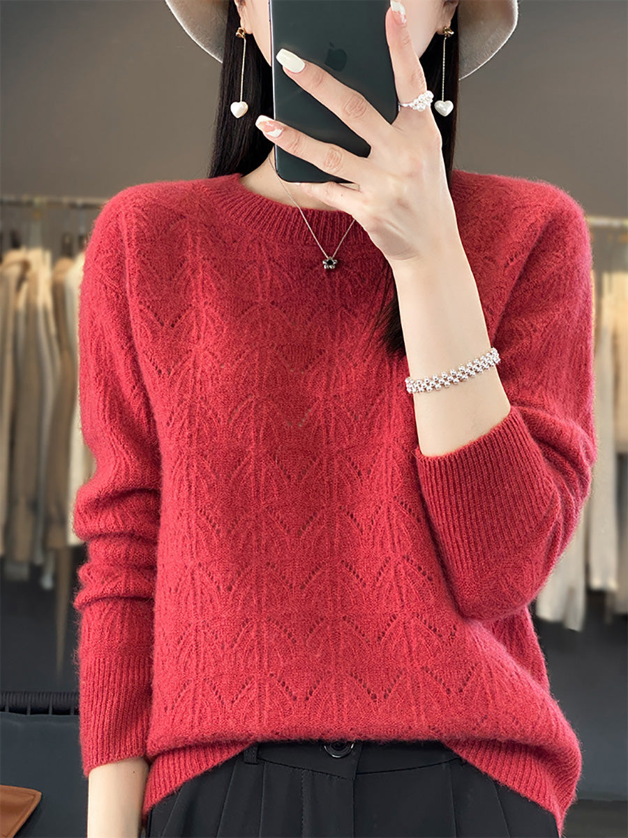 Women Autumn O-Neck Wool Hollow Out Knit Sweater AX1078