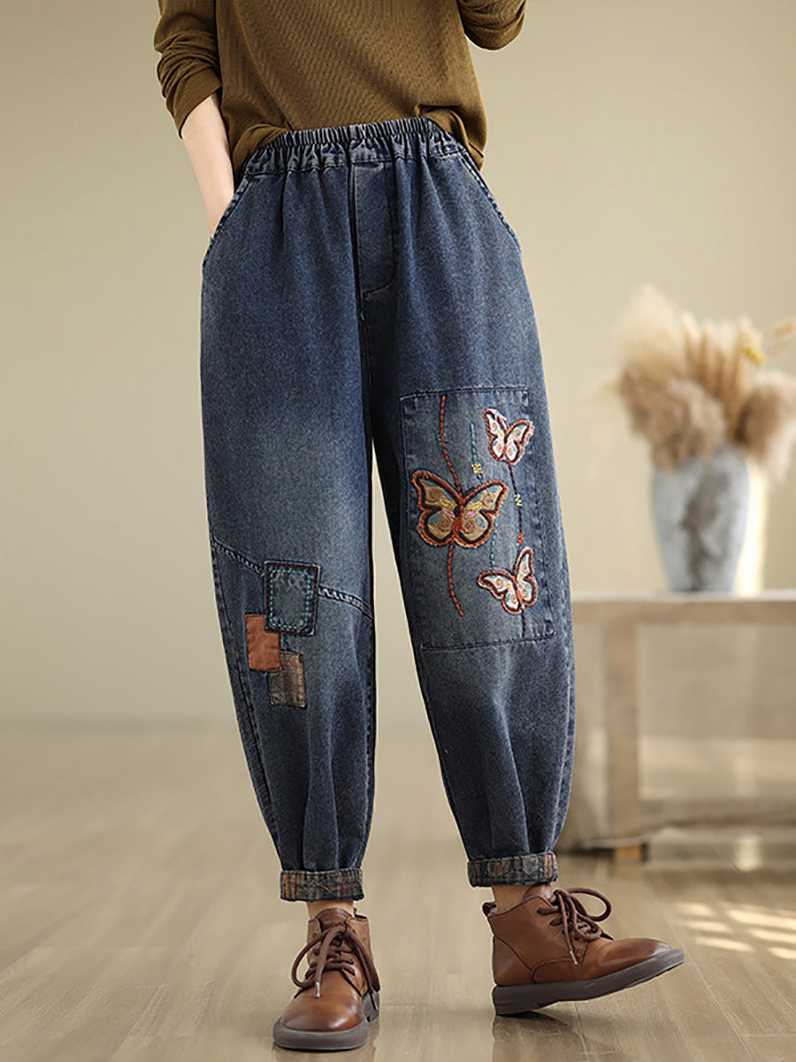 Women Autumn Artsy Butterfly Embroidery Denim Harem Pants AI1078