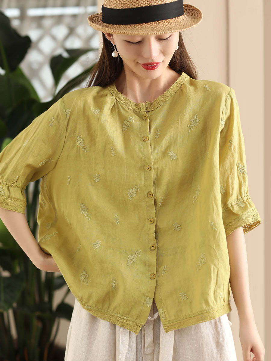 Women Summer Vintage Embroidery Button-up Ramie Shirt CX007