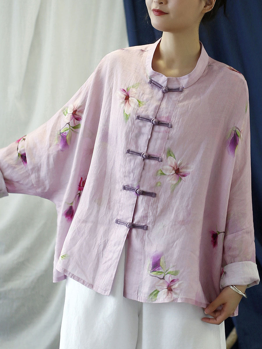 Plus Size Women Vintage Flower Pink Spring Ramie Shirt Coat PP1051