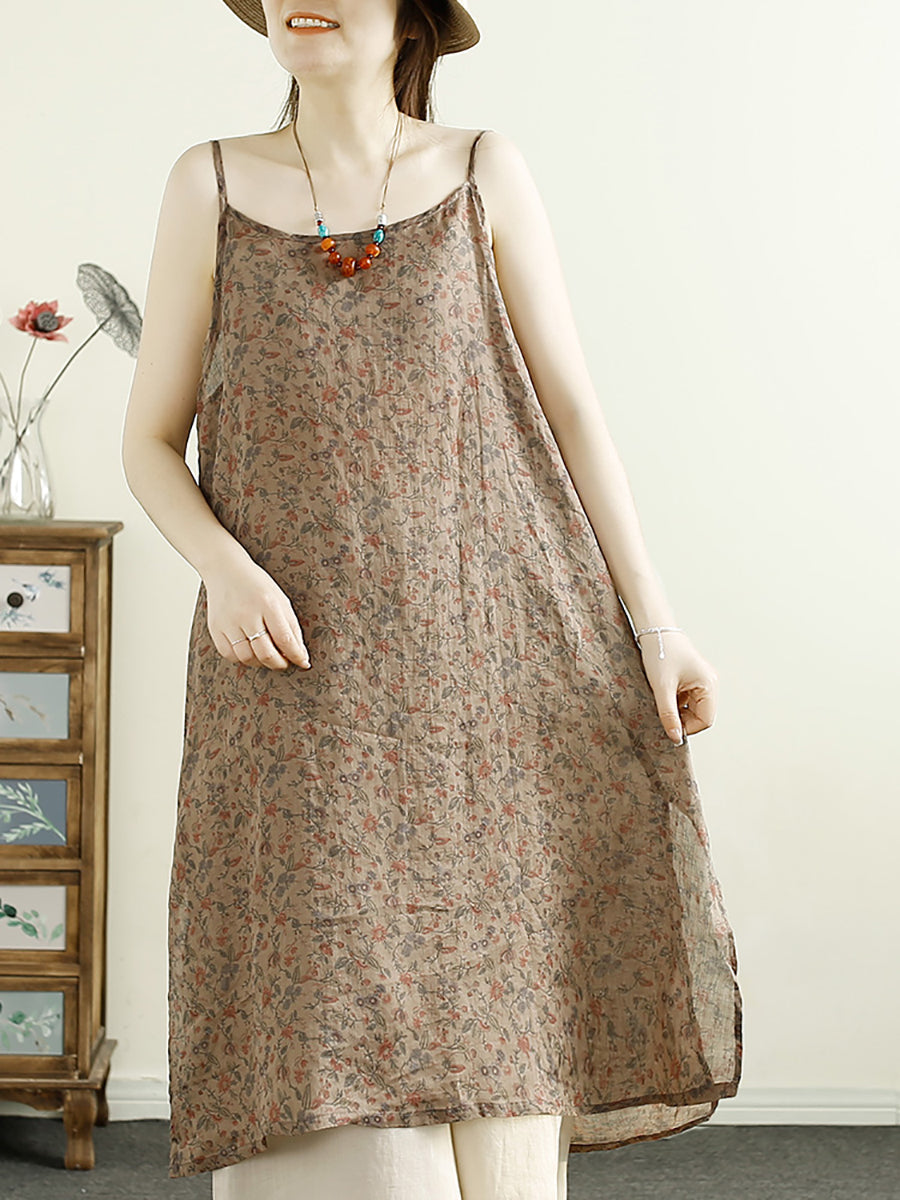 Women Summer Vintage Flower Ramie Vest Dress BN1035