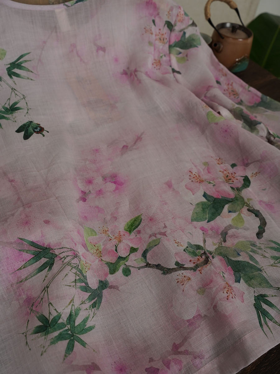 Chemise d'été à boucle en ramie à fleurs ethniques pour femmes PA1015