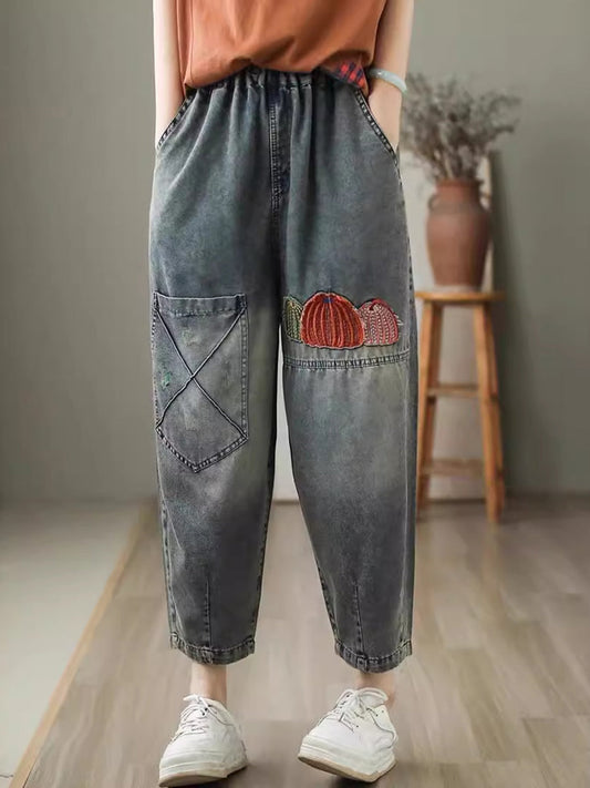 Women Summer Casual Embroidery Denim Harem Pants CV1047