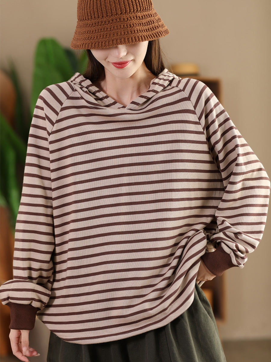 Women Casual Autumn Stripe Colorblock Hooded Sweatshirt AI1025