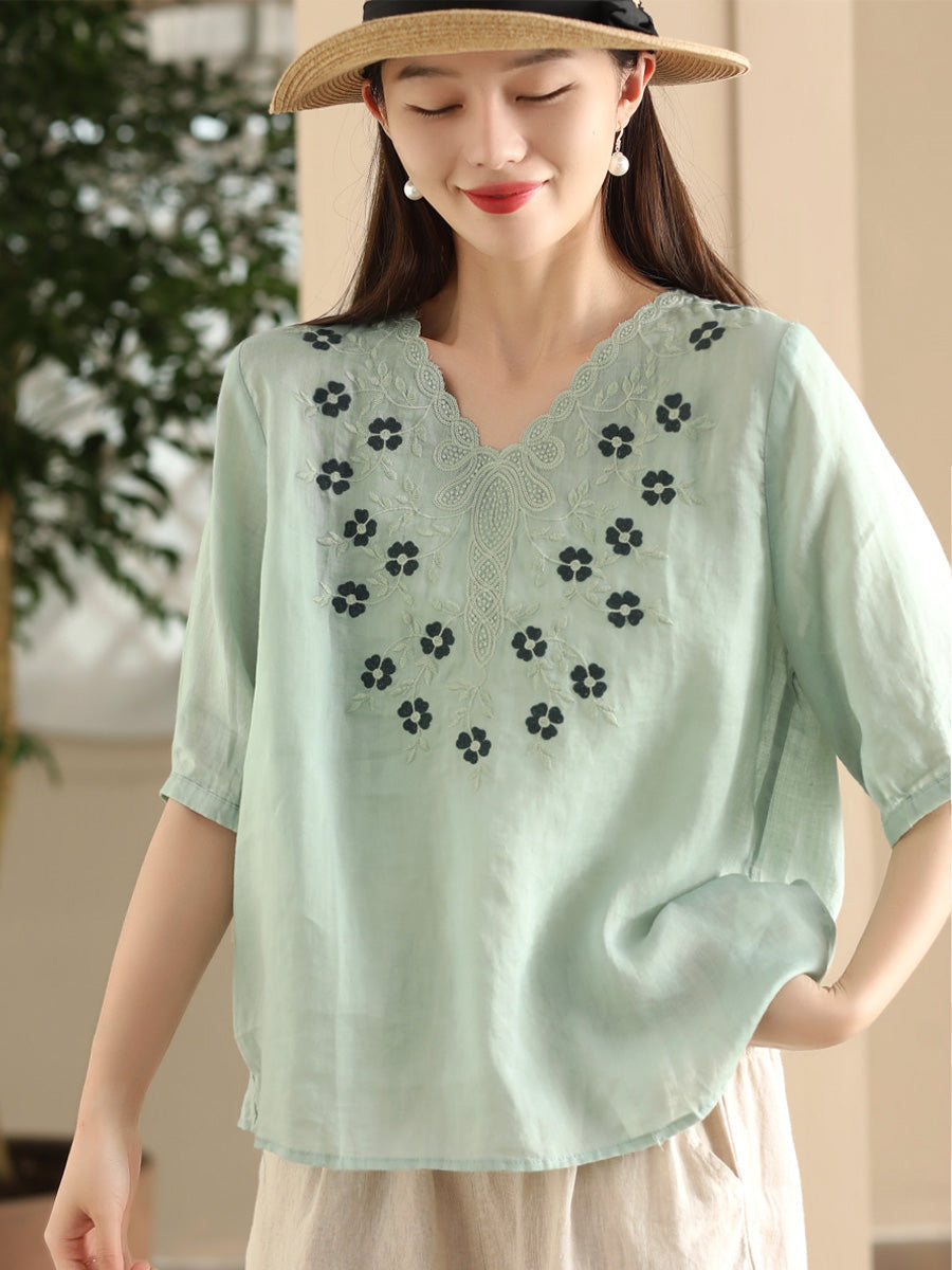 Women Summer Artsy Flower Embroidery Ramie V-Neck Shirt CC030