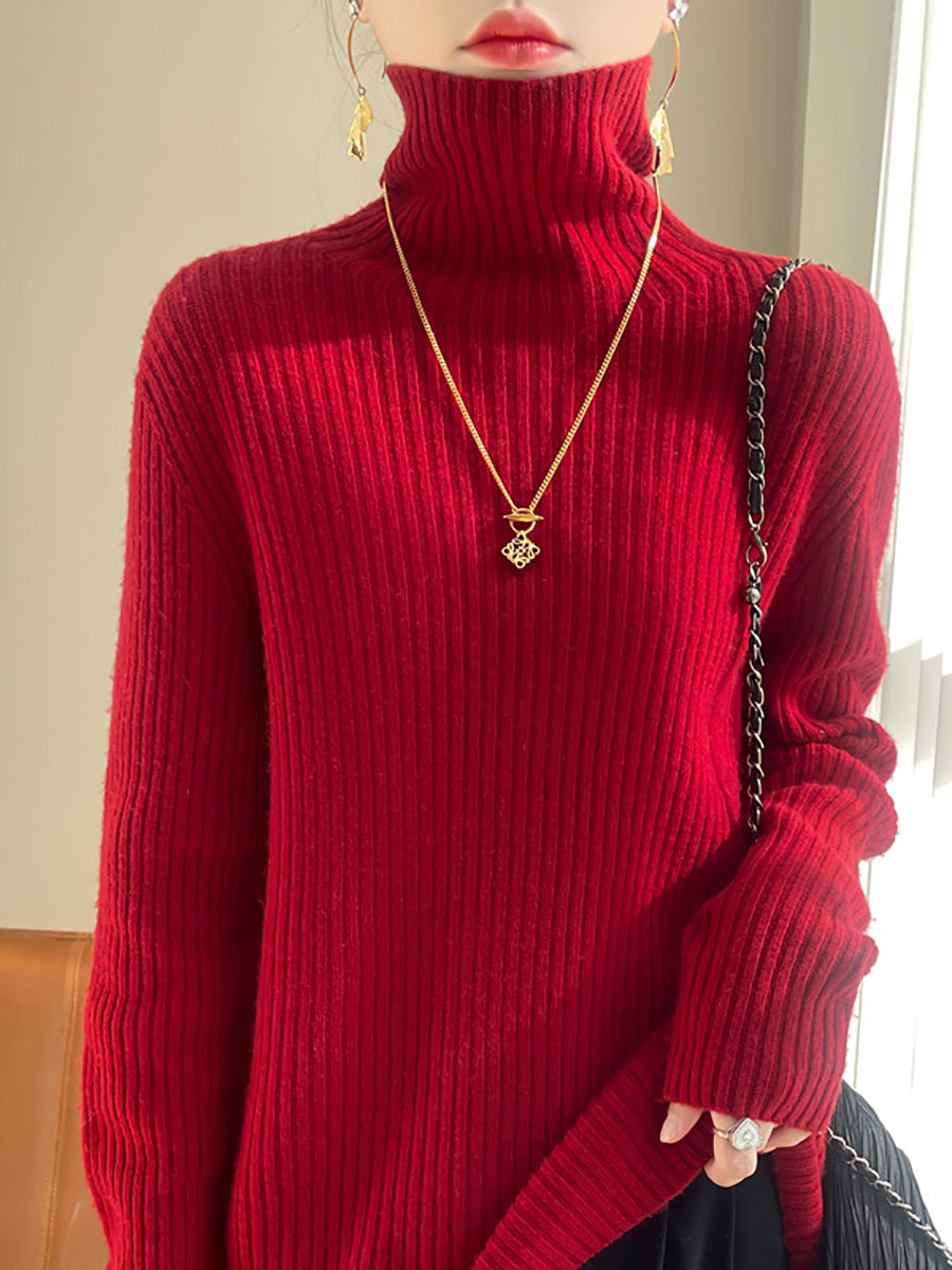 Women Autumn Casual Solid Turtleneck Wool Knit Sweater AX1086