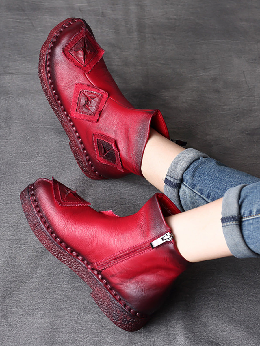 Women Vintage Leather Patch Spliced Ankle Boots AX1017