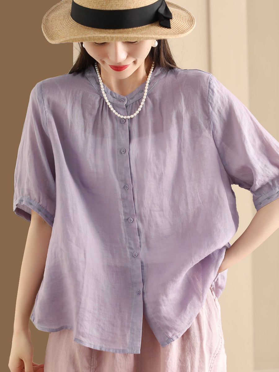 Women Summer O-Neck Embroidery Button-up Ramie Shirt PP1035