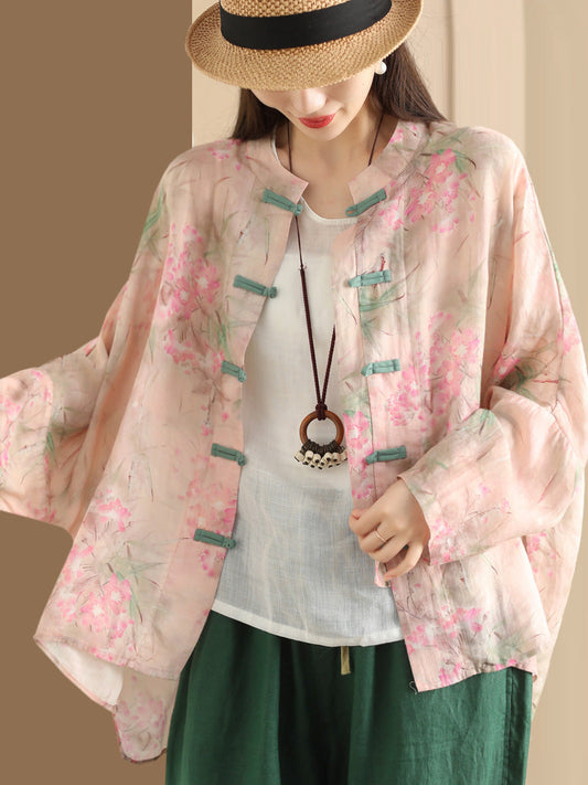 Women Summer Artsy Flower Button-Up Ramie Shirt HH016