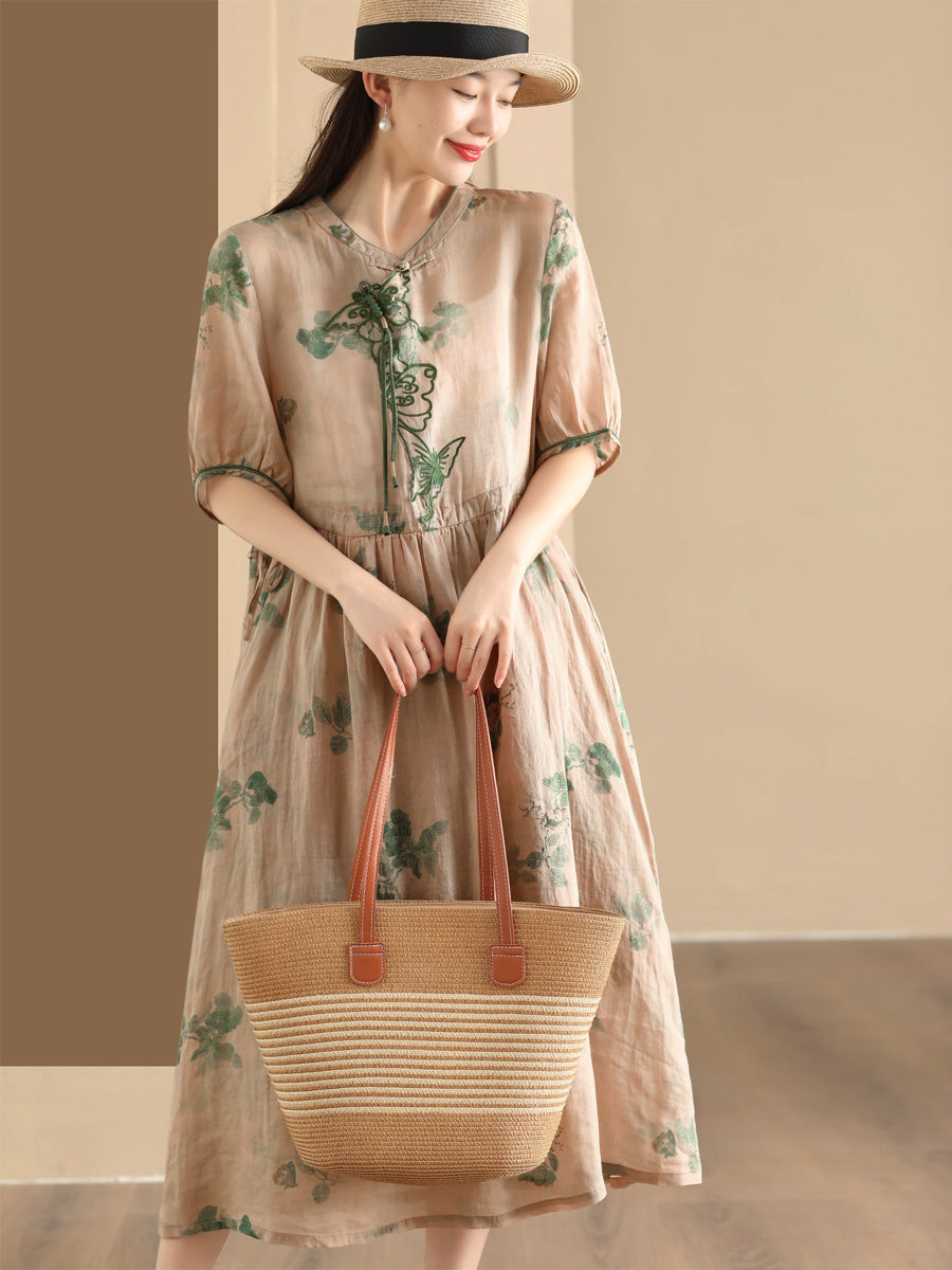 Women Summer Vintage Butterfly Embroidery Ramie Dress PP1036