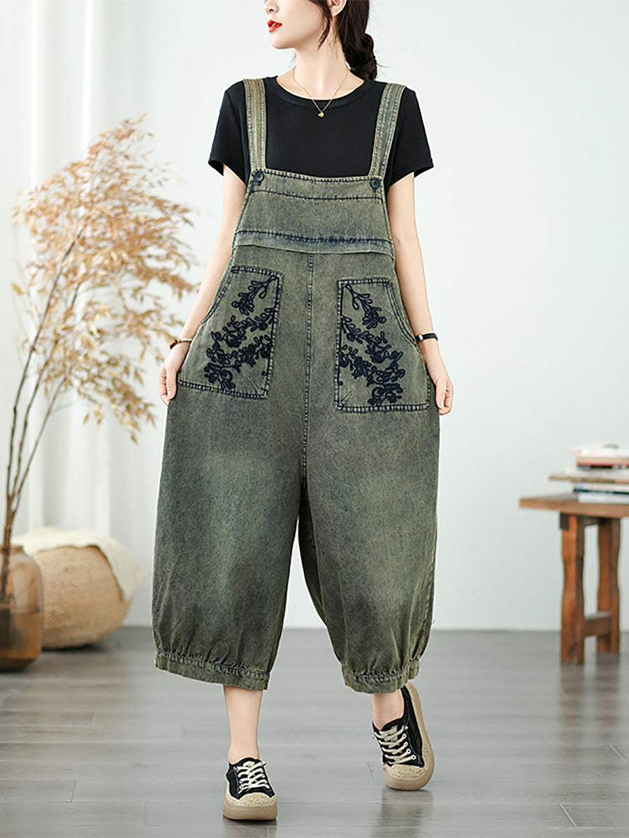 Women Flower Denim Summer Embroidery Jumpsuits Long