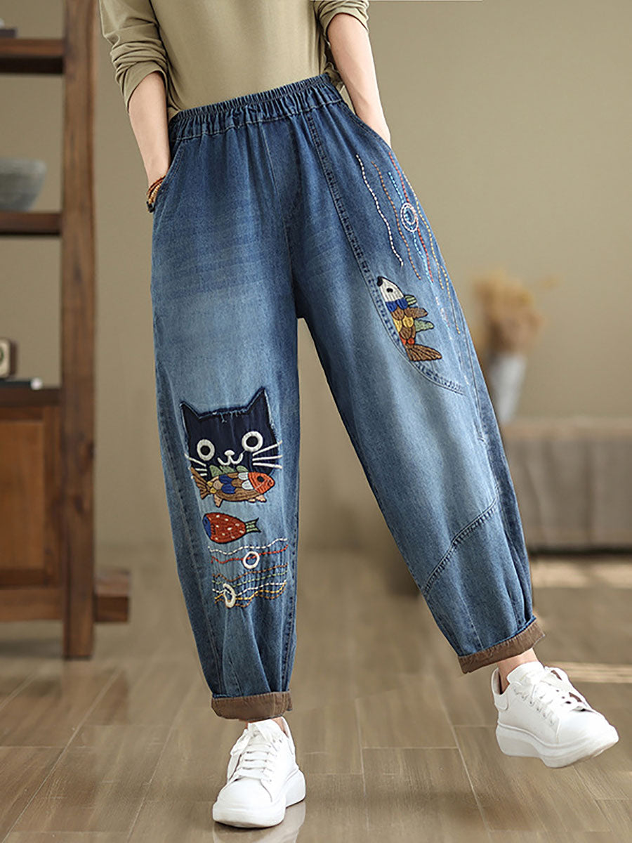 Women Autumn Casual Cat Patch Spliced Denim Harem Pants AV1004