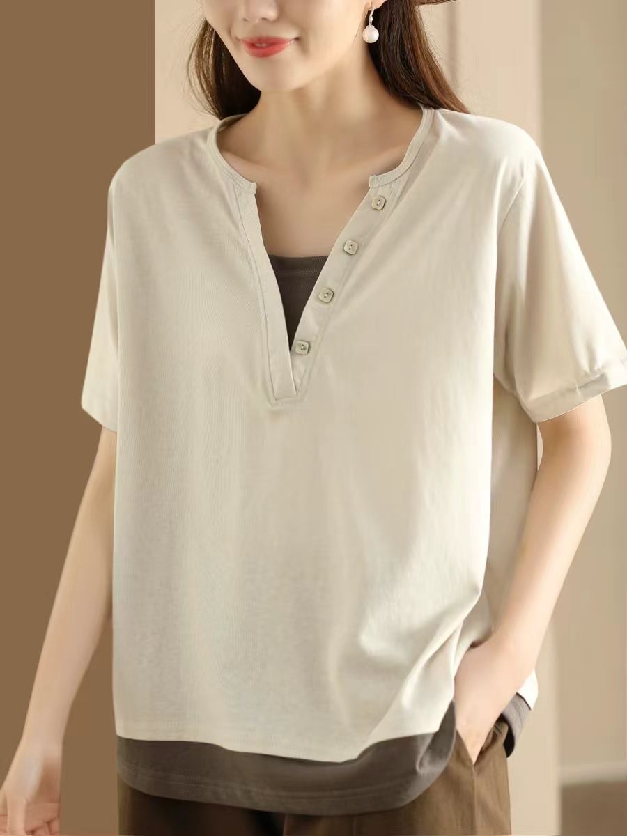 Women Casual Colorblock Pullover V-Neck Cotton Shirt AS1001