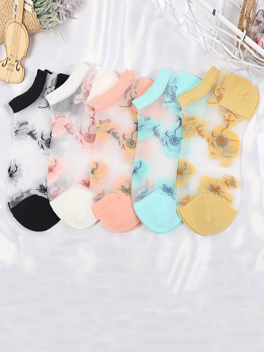 Lot de 5 paires de chaussettes courtes fines à fleurs pour femmes CX019