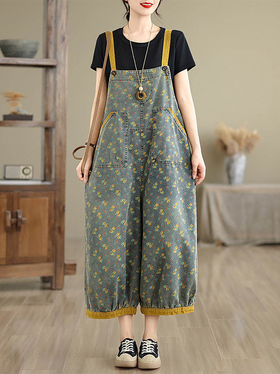 Denim Casual Summer Wide-leg Jumpsuits Floral Women