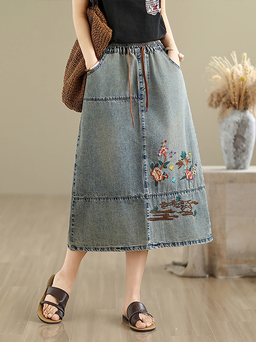 Flower Artsy Spring Embroidery Denim Skirt Women