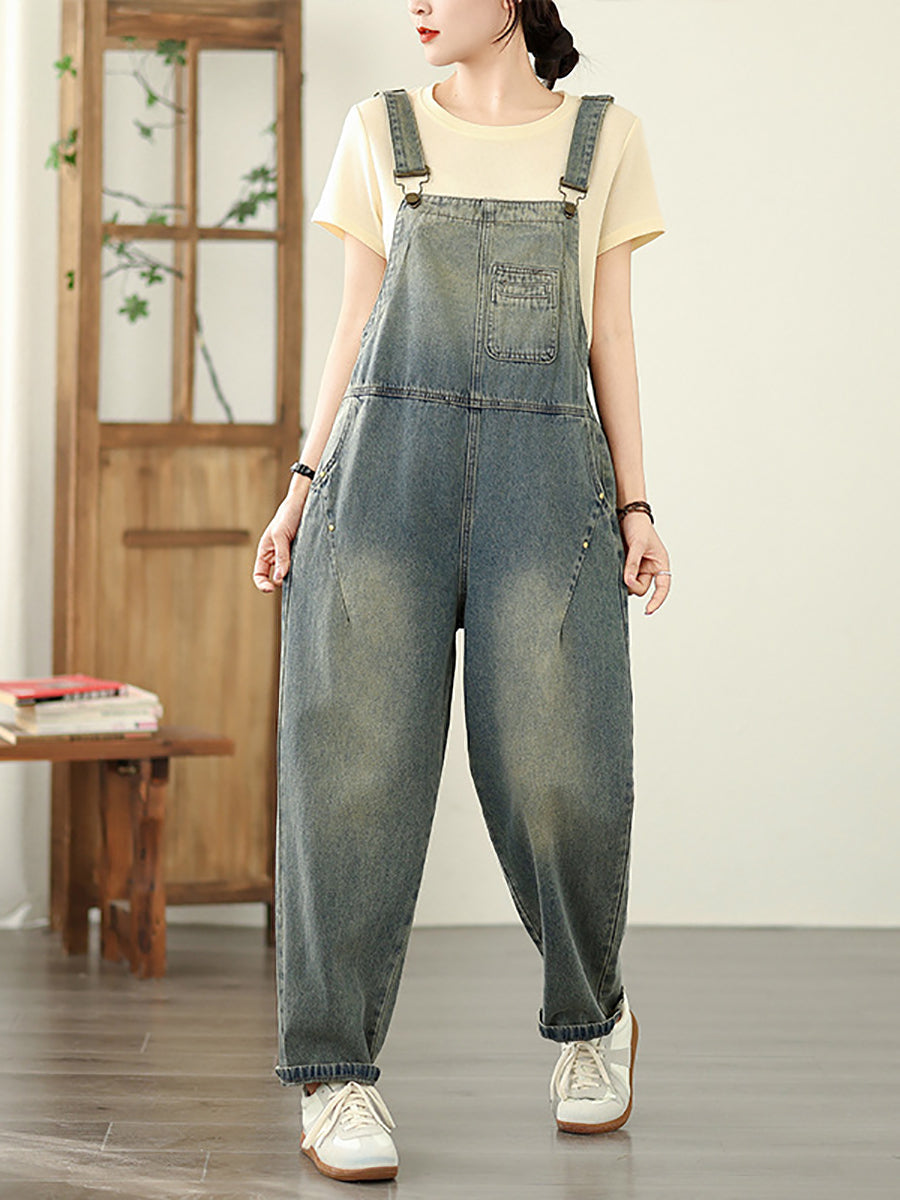 Women Pure Straight Summer Jumpsuits Color Denim Casual