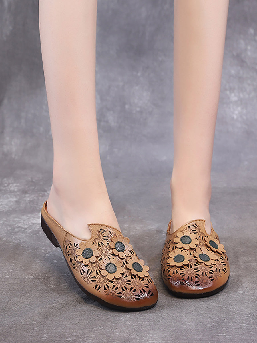 Women Summer Leather Flower Spliced Cutout Slippers OO1019