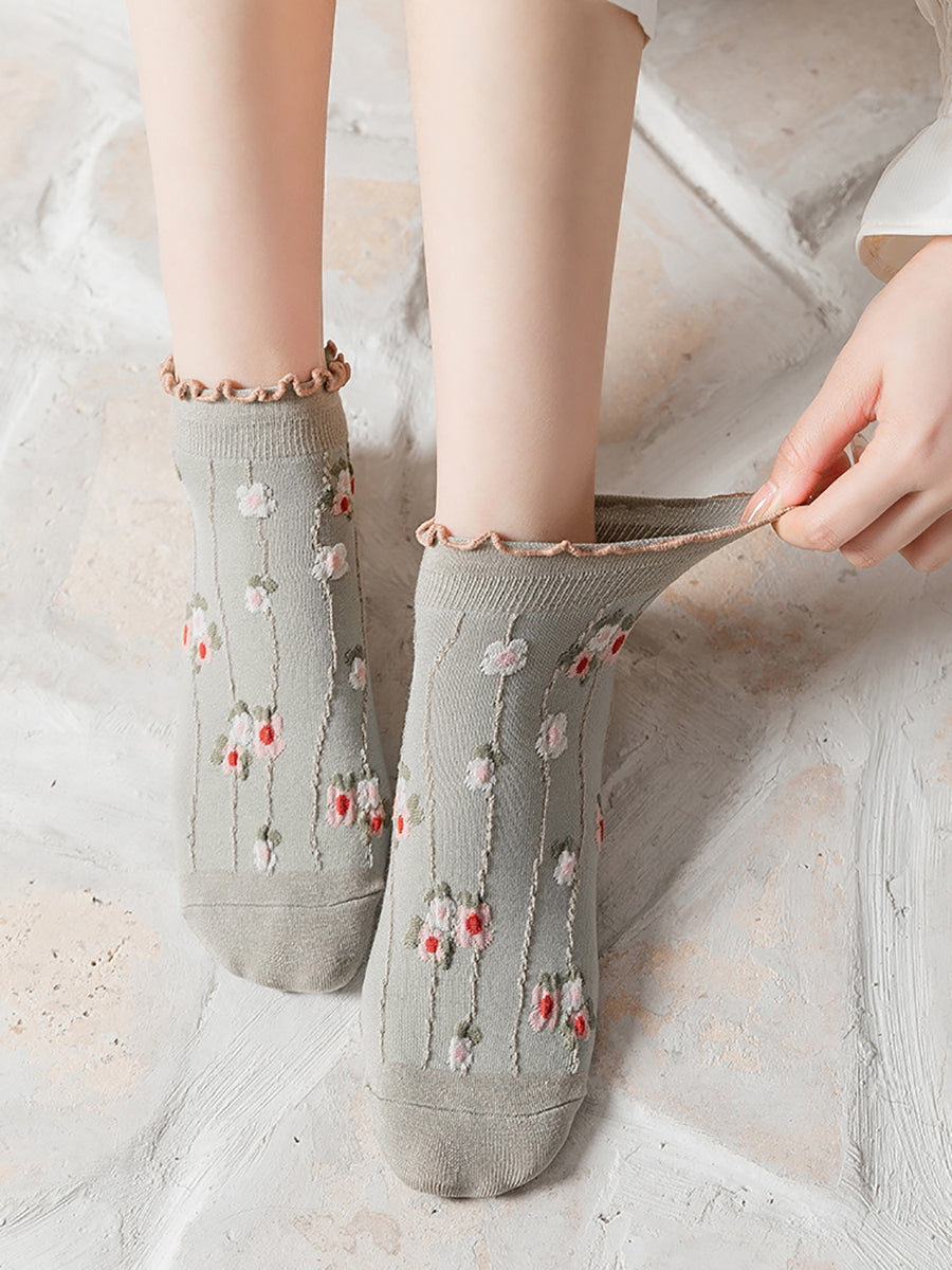 5 Pairs Women Summer Artsy Flower Jacquard Socks OO1032