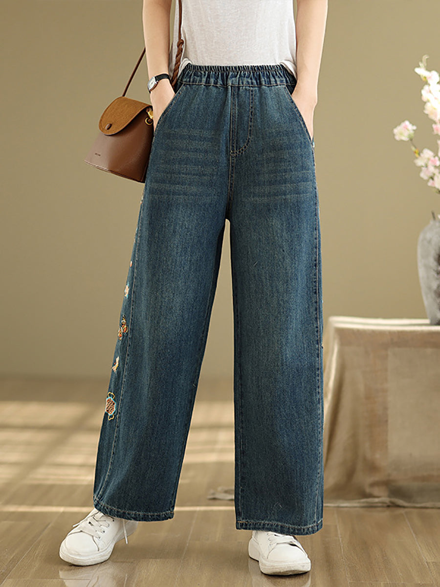 Retro Women Denim Wide-leg Embroidery Pants
