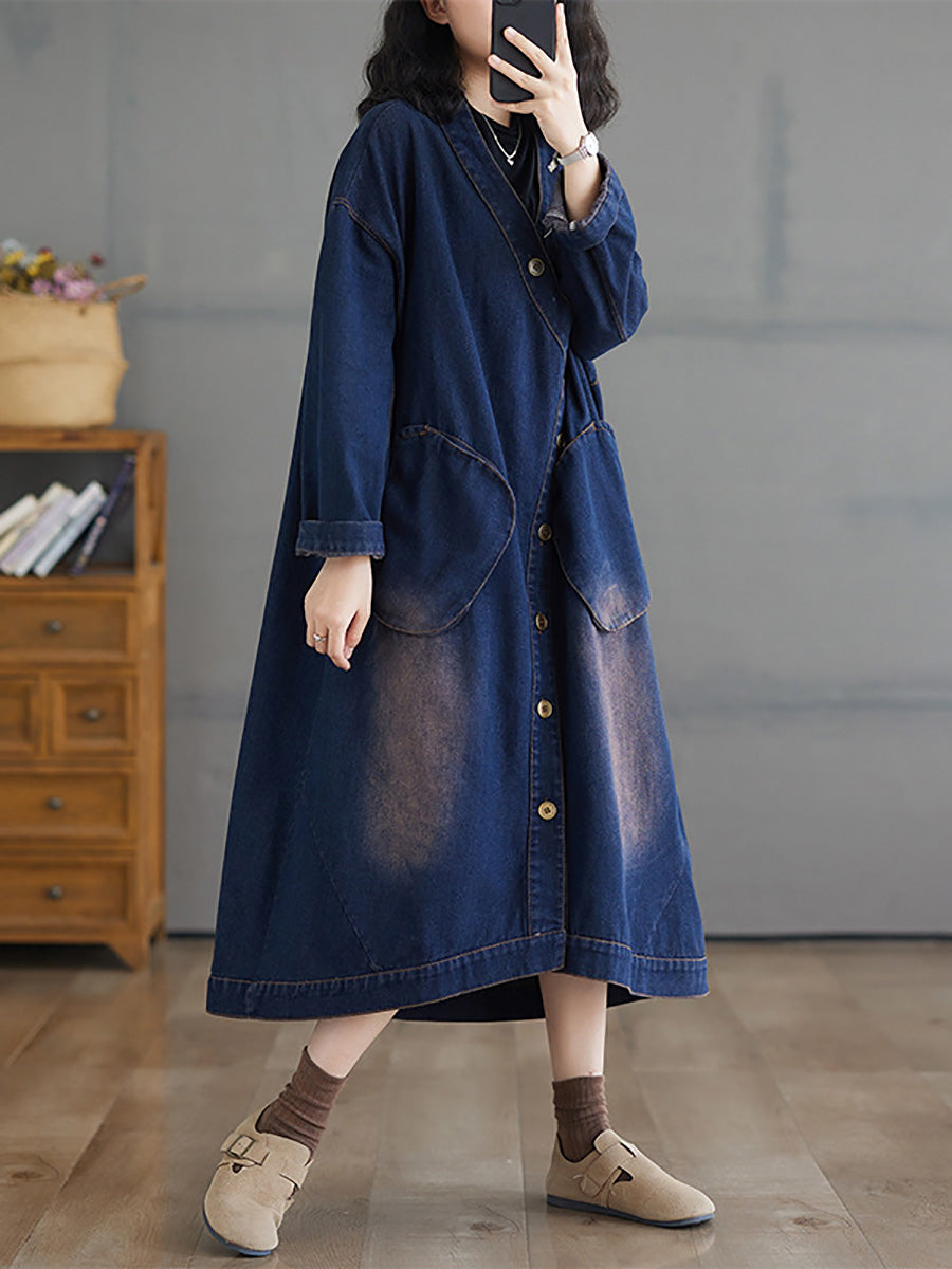 Women Autumn Worn V-Neck Washed Denim Long Coat AX1080