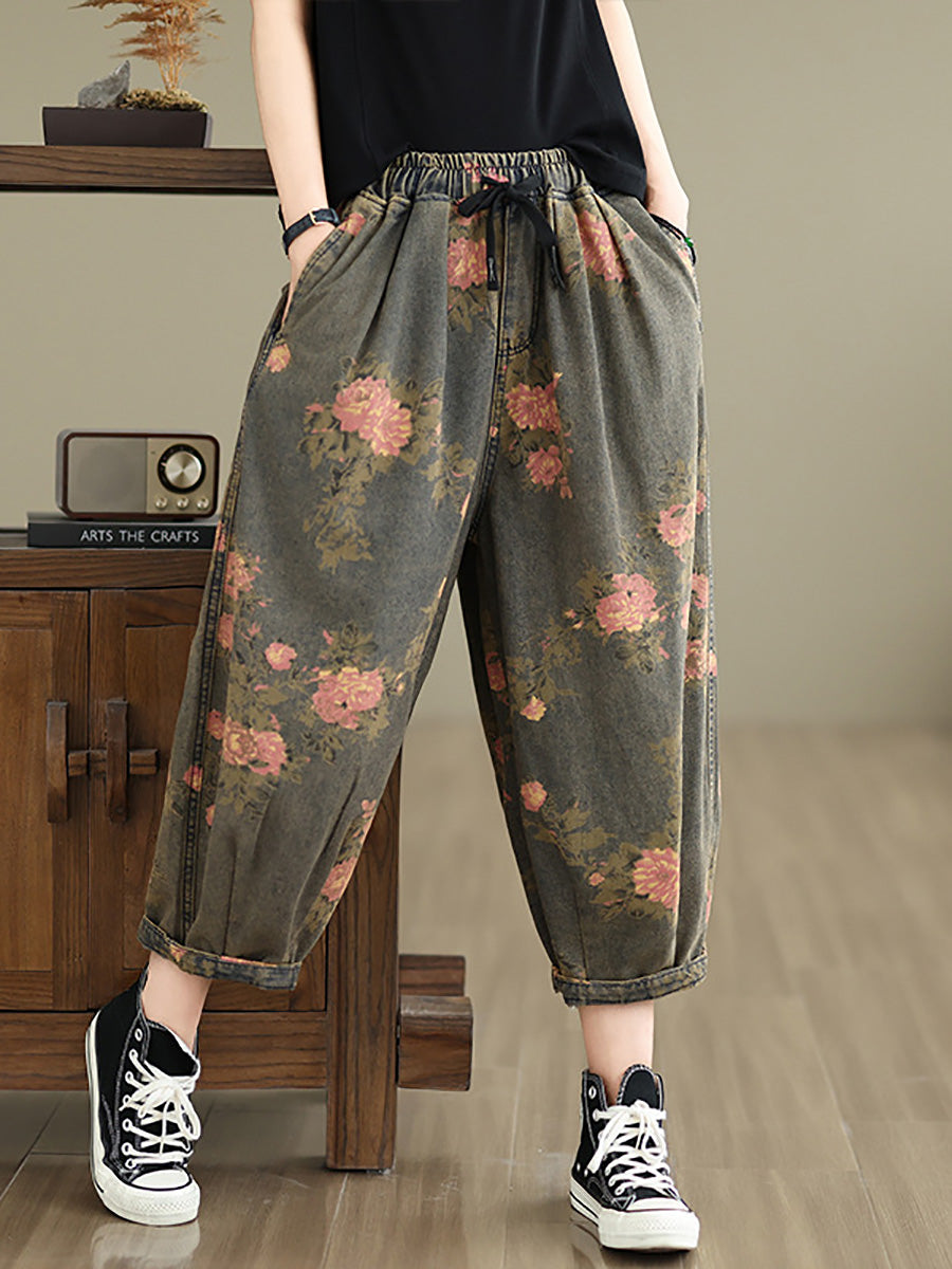 Women Summer Vintage Flower Denim Harem Pants LL034