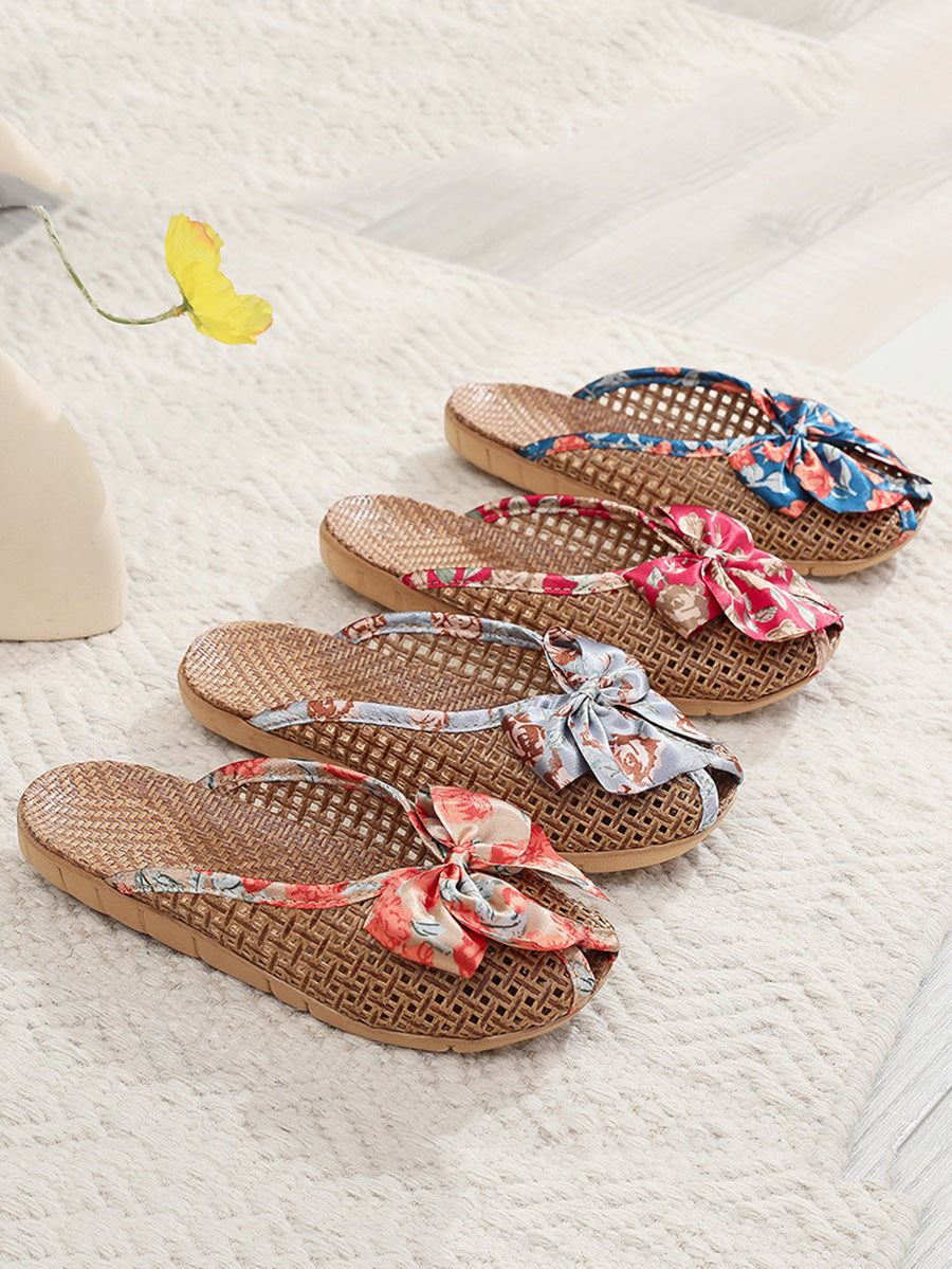 Indoor Weave Slippers Women Straw Flower Ethnic Bowknot