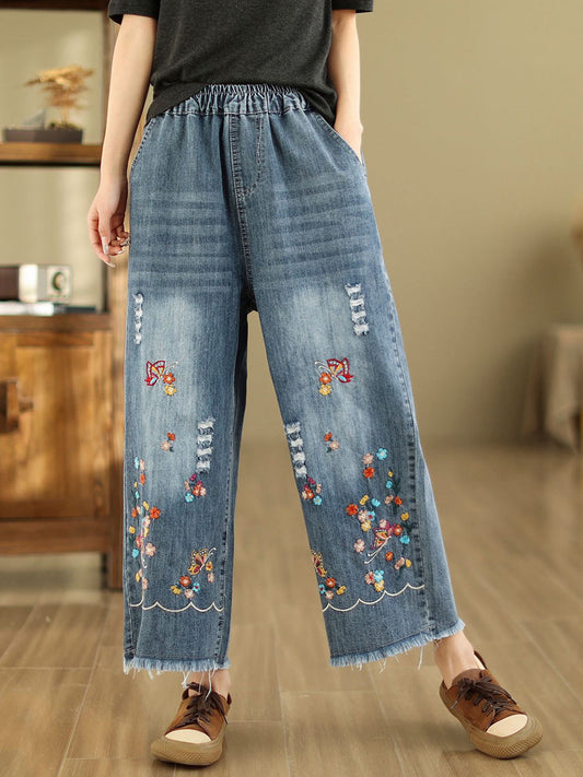 Women Summer Retro Embroidery Frayed Straight Denim Pants AS1042