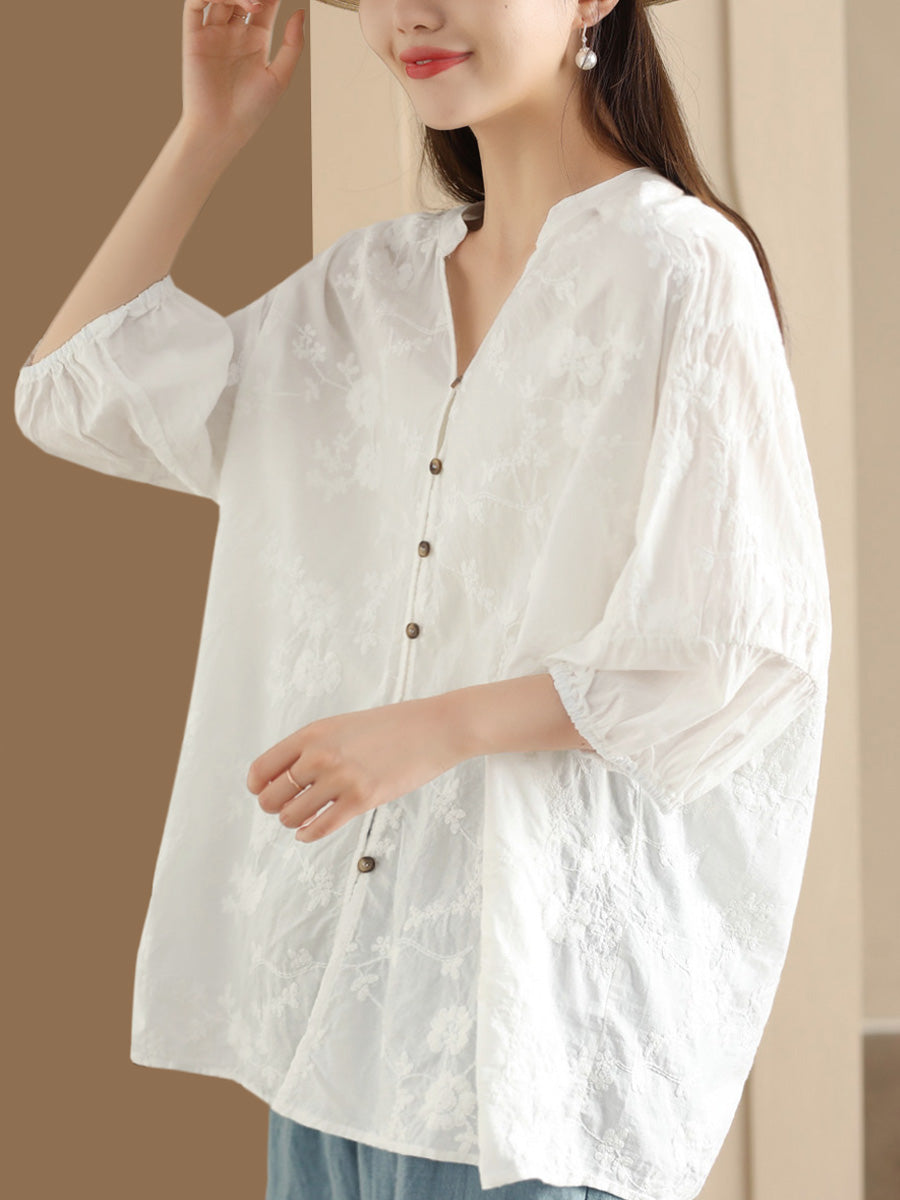 Women Summer Artsy Flower Jacquard Thin Button Cotton Shirt CX037