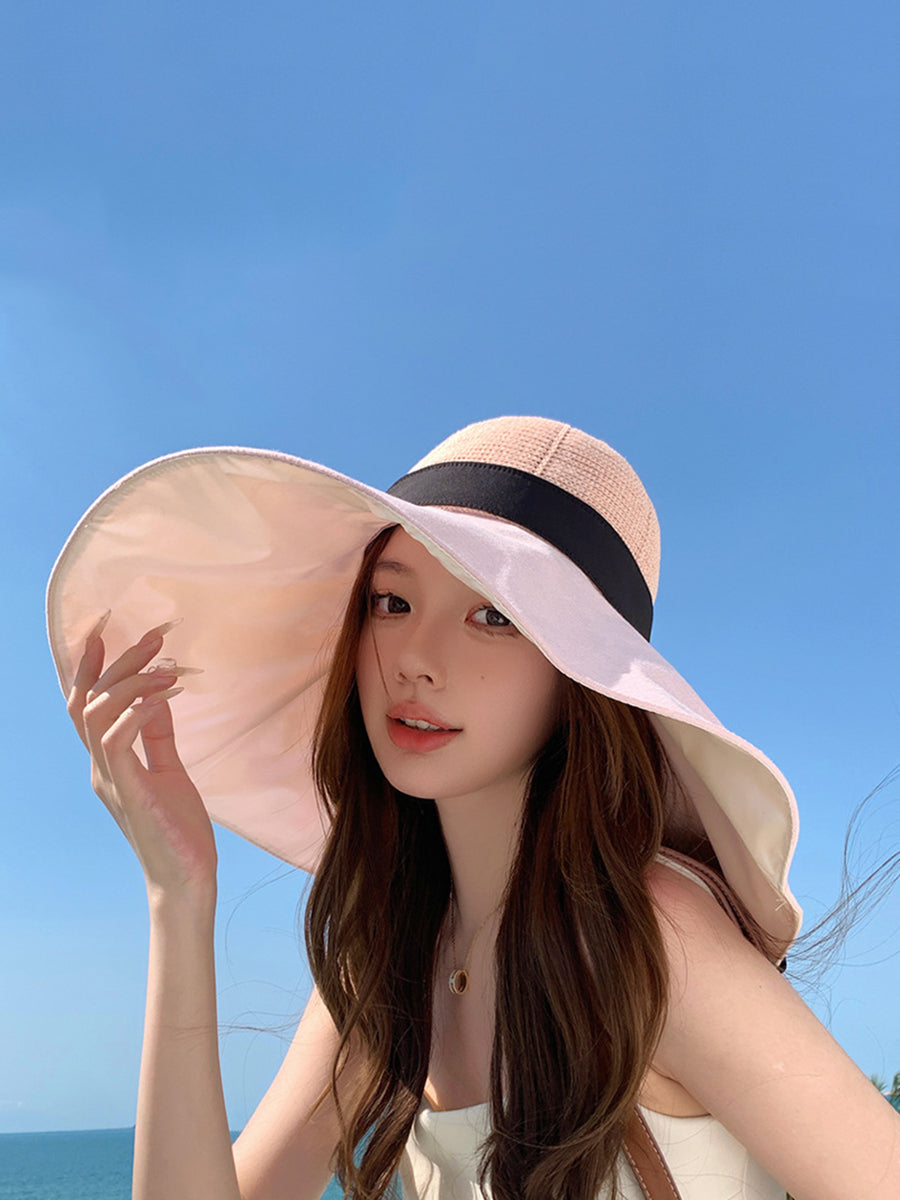 Women Summer Colorblock Large Brim Sunproof Hat WE1002