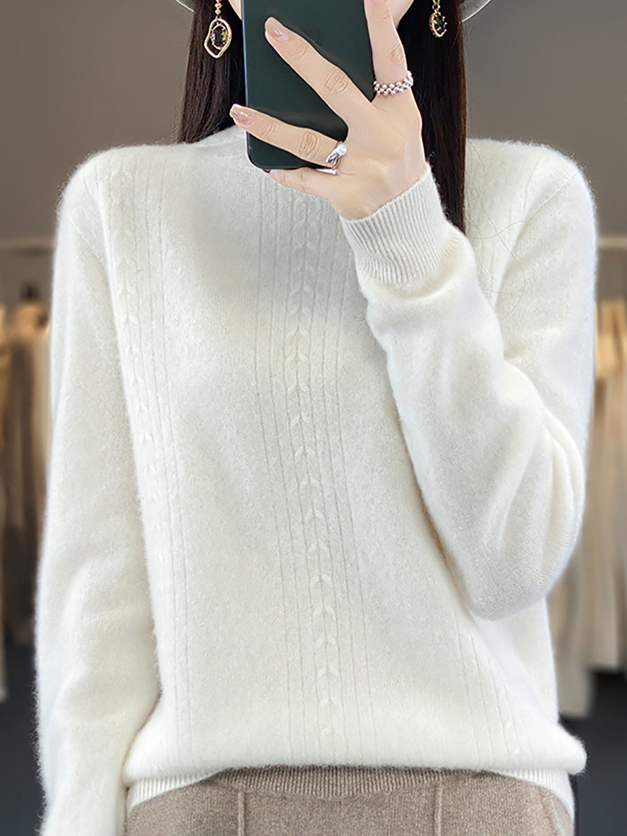 Women Autumn Solid Cable Knit 100%Wool Half Turtleneck Sweater QN028