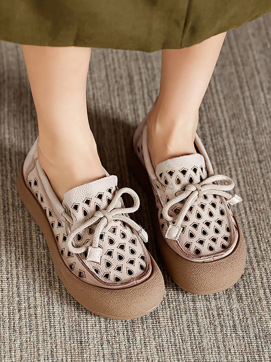 Women Flat Genuine Shoes Hollow Out Summer Leather