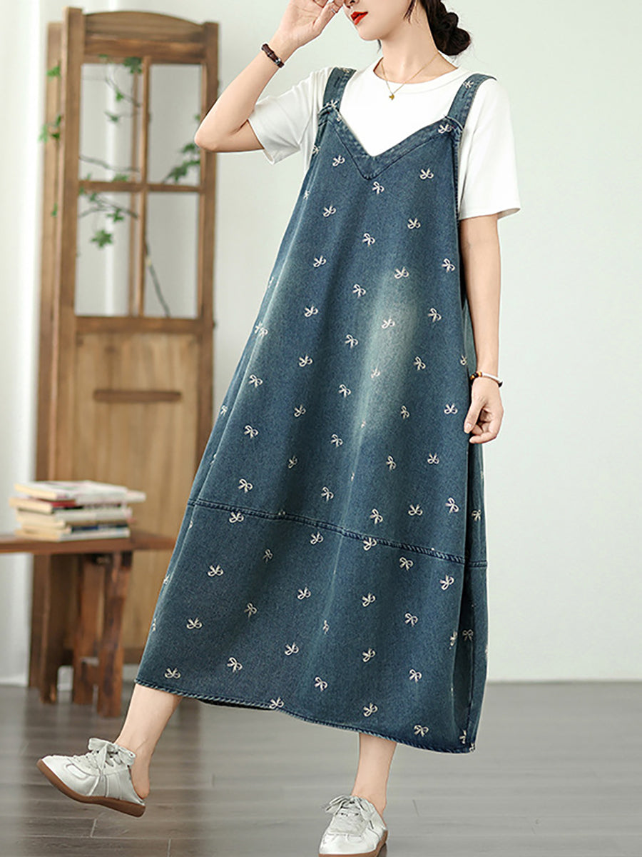 Summer Women Overall Denim Embroidery Dress Bowknot