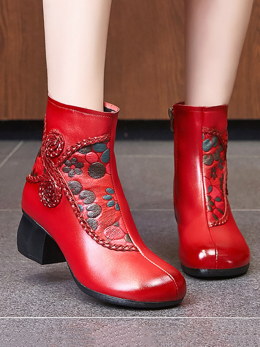 Women Ethnic Winter Flower Spliced Leather Mid-Heel Boots AI1013