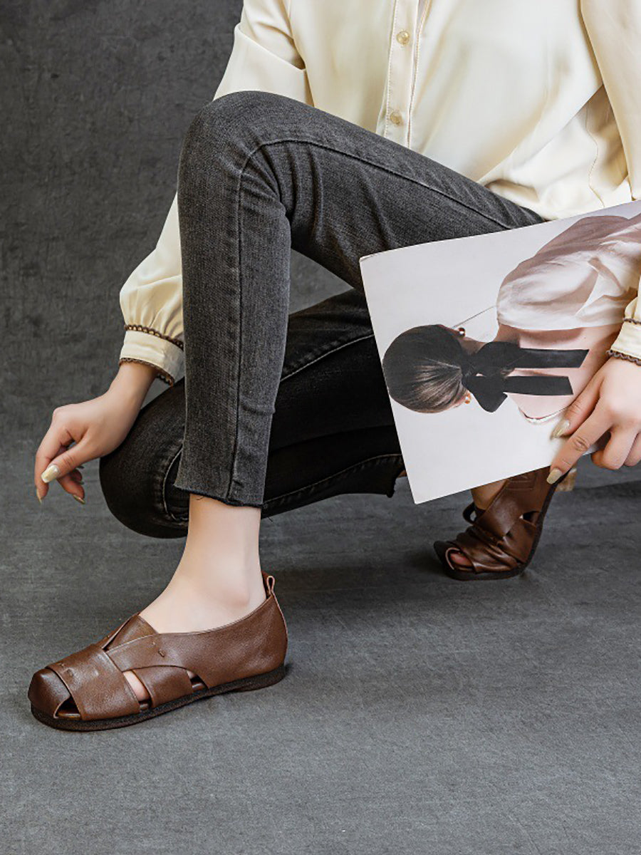Genuine Sandals Women Leather Vintage Flat