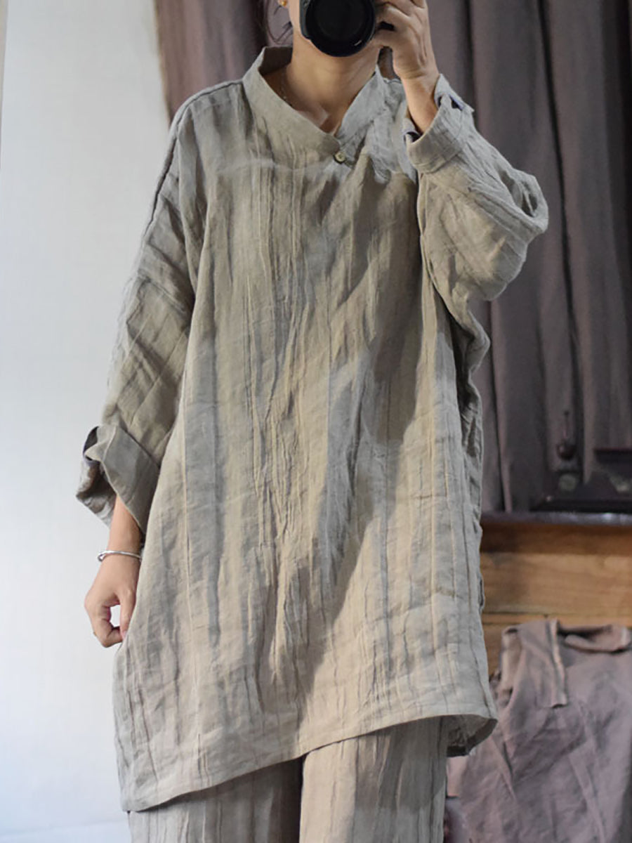 Women Vintage Solid Linen Loose Long Blouse KL1033