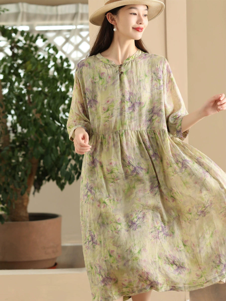 Women Summer Artsy Floral V-Neck Loose Ramie Dress LL020